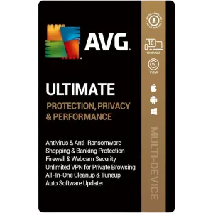 AVG Ultimate (10 devices) | Antivirus, Internet Security, TuneUp, AntiTrack, and Secure VPN in one package | 1-Year Subscription